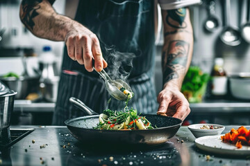 Plant-based restaurant: Chefs cooking, vibrant vegan dishes, promoting plant-powered cuisine.