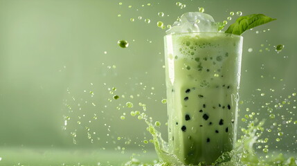 Green matcha bubble tea with ice cubes in a cup on a light green background, made with soy-free vegan milk, with dynamic splashes - obrazy, fototapety, plakaty