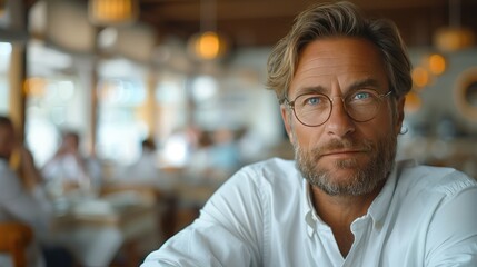 Obraz premium Close-up of a CEO of a construction company who looks confused and questions himself while looking to the right, around a table in a bright white restaurant