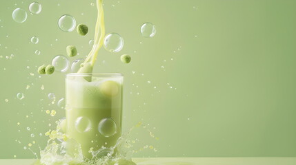 Matcha green bubble tea with ice cubes in a cup on a light green background, antioxidant and nutritious vegan smoothie for a healthy breakfast or snack - obrazy, fototapety, plakaty