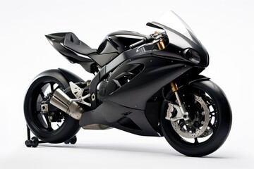 A sleek black motorcycle parked on top of a white floor. Generative AI