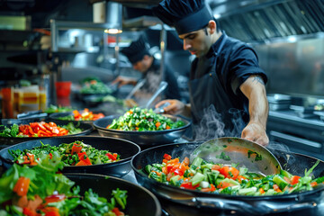 Obraz premium Plant-based restaurant: Chefs cooking, vibrant vegan dishes, promoting plant-powered cuisine.