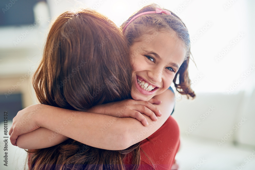 Sticker Mom, girl and hug in portrait in home with love for support, care and gratitude on mothers day. Kid, woman and affection in living room with smile for trust, appreciation and family bonding at house