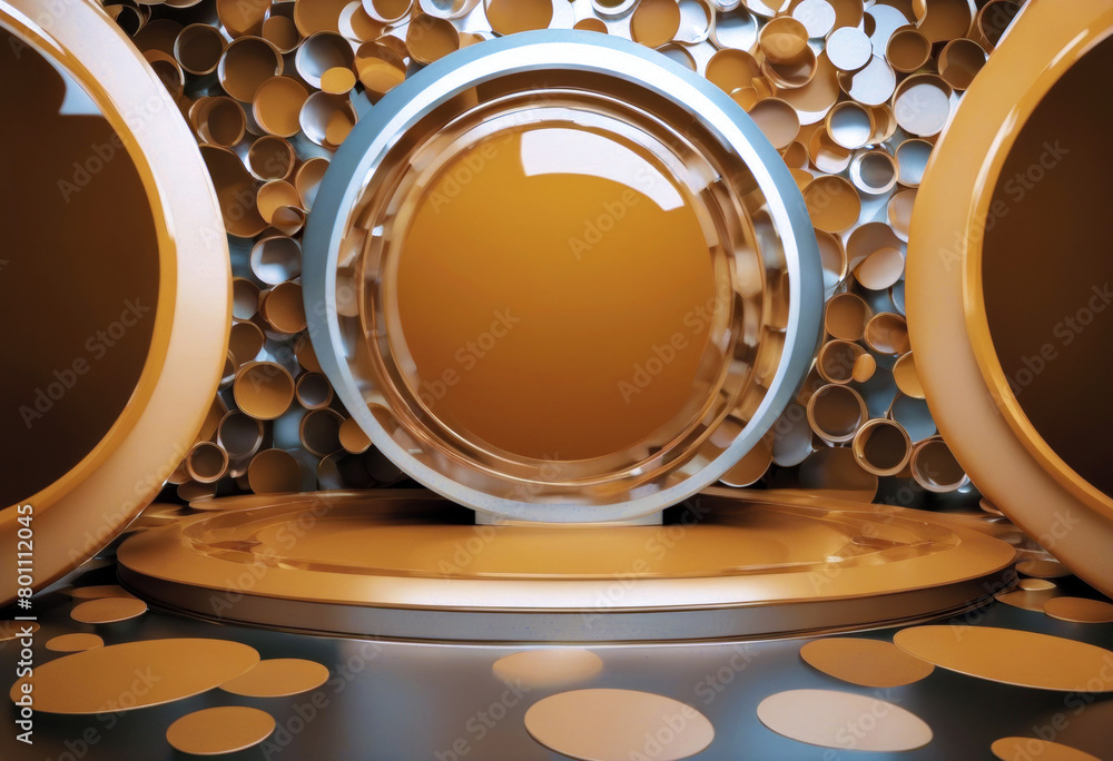 Poster '3d render scene circles background orange poduim three-dimensional abstract blank design empty ligh