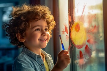 happy boy with paintbrush drawing sun on glass
