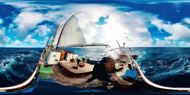 360 VR footage of the sailing in Antarctica. Sailing vessel crossing the Drake Passage and departing from the Antarctica