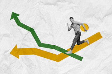 Composite photo collage of happy silly guy run down arrow wrong way hold gold coin bankrupt failure...