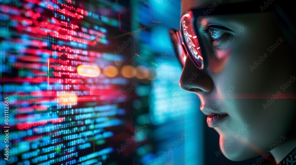 Poster Close-up of a female programmer, IT specialist, Analyst with glasses reading an html script in the office. Software, cybersecurity, hologram data, digital code, information modern technology concepts