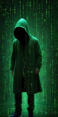 Matrix Hacker Background with a Side View of a Male Operative Wearing the Anonymous Mask