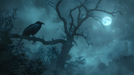 Supernatural Night: A Full Moon Mystery with Radiating Crow and Mysterious Glowing Orbs