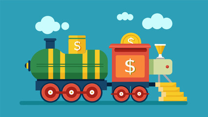 A clockwork train carrying bags of money and depositing them into a savings account labeled savings express.
