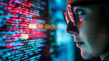 Close-up of a female programmer, IT specialist, Analyst with glasses reading an html script in the office. Software, cybersecurity, hologram data, digital code, information modern technology concepts