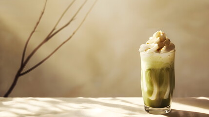 A matcha latte made with soy-free vegan milk and topped with whipped cream. Vegan smoothie for a healthy breakfast or snack. On a beige background, in the background there is a branch without leaves - obrazy, fototapety, plakaty