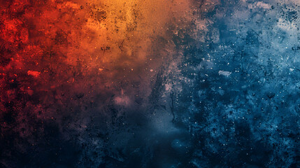 vibrant grunge grainy background with a colour gradient of blue, orange, red, and black noise, as...