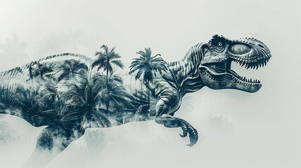 Dinosaur in the leaves of trees, abstract black and white graphic background image of a Tyrannosaurus