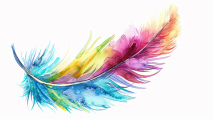 Multicolored bird feather on a white background in watercolor grunge style