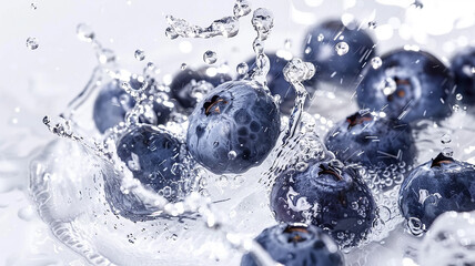 Ripe blueberry in a splash of water close-up, dynamic image