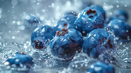 Ripe blueberry in a splash of water close-up, dynamic image