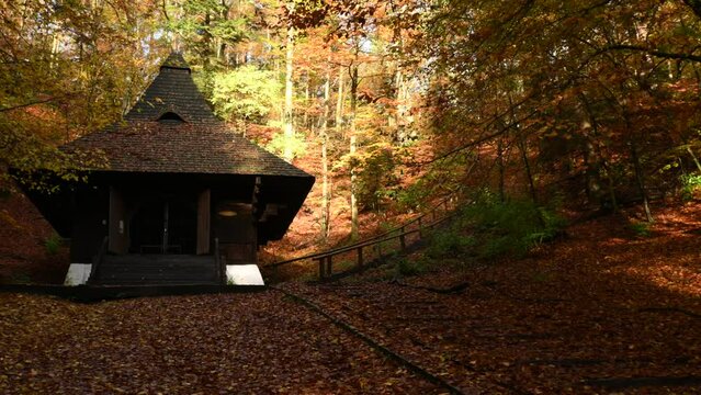 In Krasnobr&oacute;d, the chapel of St. Roch stands amidst the vivid hues of autumn, with golden leaves carpeting the surroundings under the sunny sky.