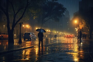 Fototapeta premium A person is seen standing on a rainy night, holding an umbrella to shield themselves from the rain. Generative AI