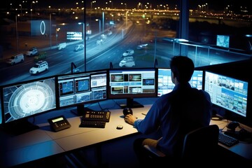 A man is seated at a desk, closely monitoring multiple screens displaying various data and information. Generative AI
