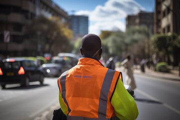 A man wearing an orange vest walks down the street. traffic police concept. Generative AI