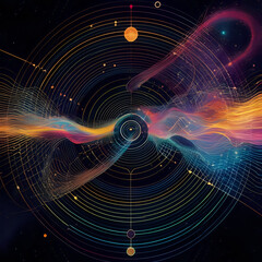 Cosmic Symphony Generate an image depicting sounds of the universe transformed into vibrant, abstract patterns 