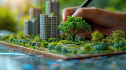 Person, hands sketching a sustainable green city concept with eco friendly buildings and a tree on paper