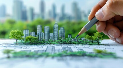 Person, hands sketching a sustainable green city concept with eco friendly buildings and a tree on paper