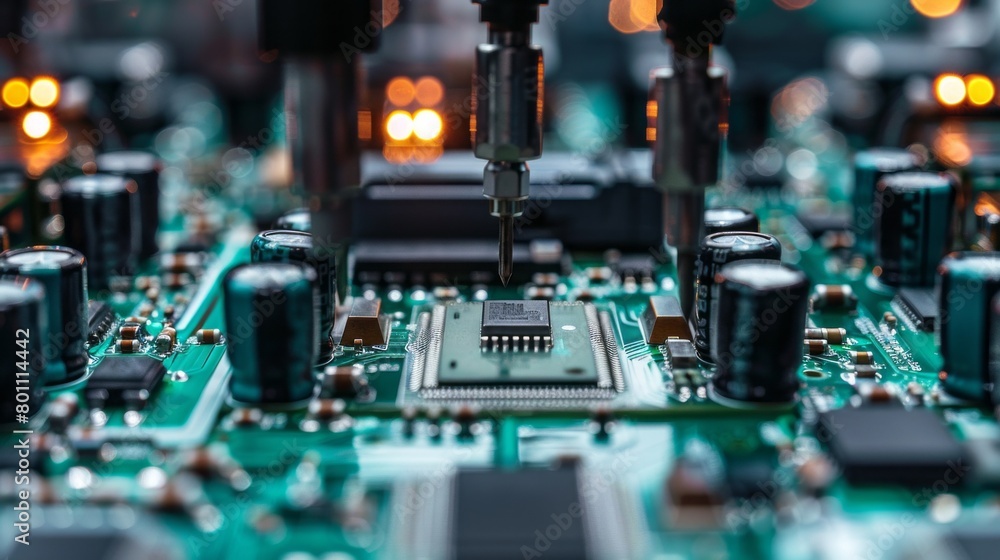 Aufkleber Close-up of modern high-precision robotic manipulators on a fully automated PCB assembly line at a modern high-tech electronics factory.