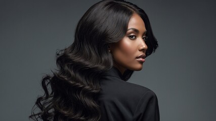 Woman with long, dark, wavy hair looks over shoulder. Individual's face turned towards camera with neutral expression. Person wearing black jacket, has flawless skin, subtle makeup.
