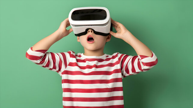 Young boy wearing virtual reality (VR) goggles. Light background. Copy space.