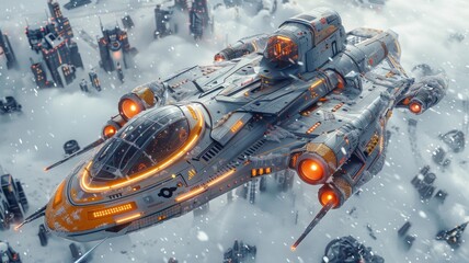 A futuristic space ship is flying through a snowy sky