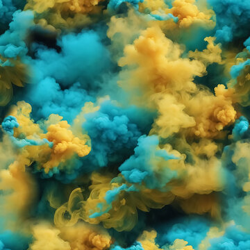 Seamless pattern with texture of yellow, blue smoke, fog, clouds