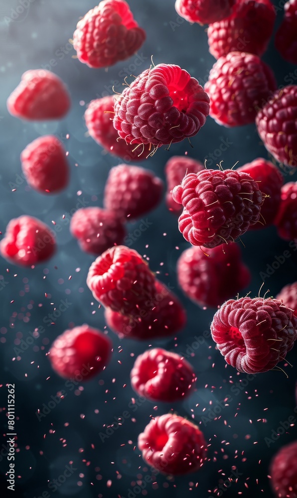 Aufkleber raspberries floating with a dynamic splash