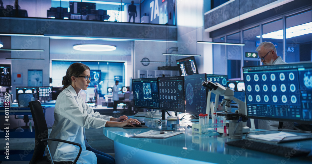 Poster diverse colleagues working in medical research laboratory: female caucasian neurologist analyzing ct