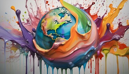 The globe covered in splashing paint, destruction and change, climate and worry
