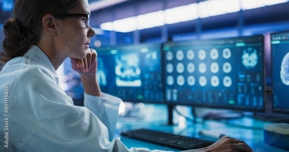 Poster hospital research laboratory: female medical scientist using computer with brain scan mri images. pr