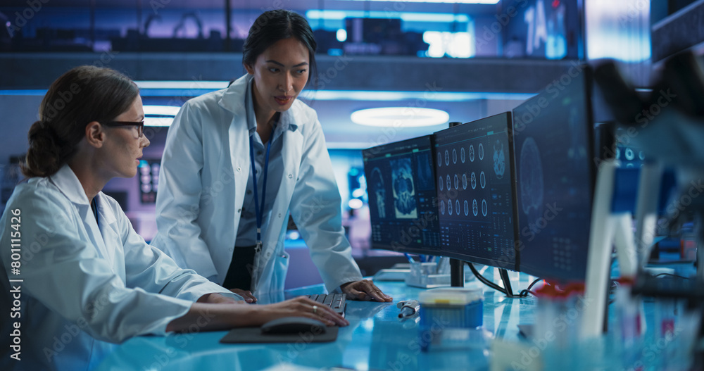 Poster medical hospital research laboratory: caucasian and asian female scientists talking and using deskto