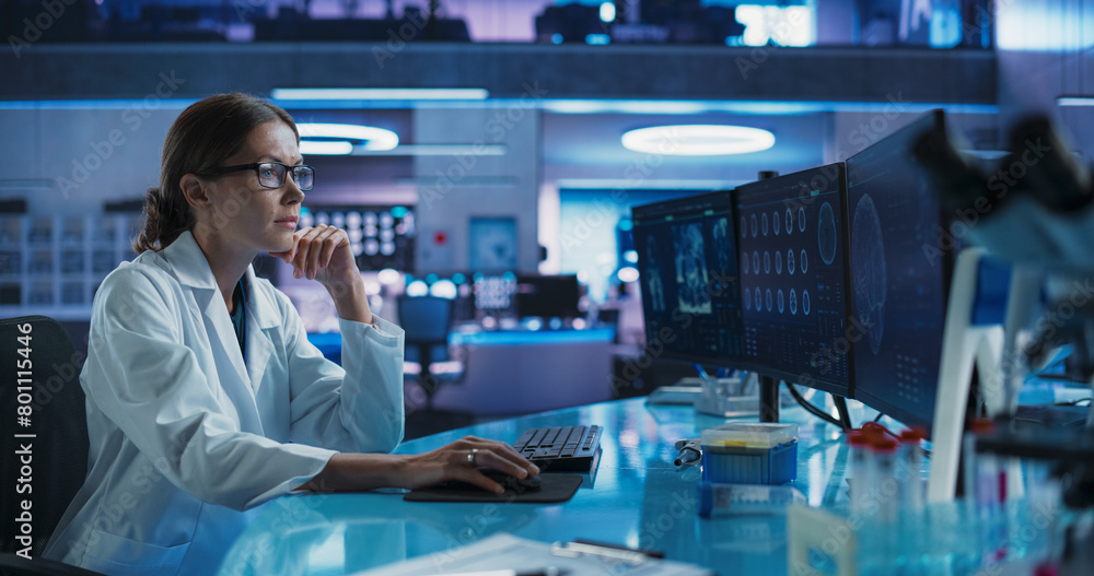 Poster hospital research laboratory: female medical scientist using computer with brain scan mri images. pr