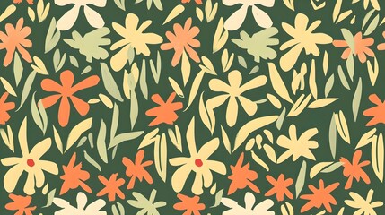 Vibrant Tropical Floral Pattern with Yellow and Orange Flowers on Green Foliage Background