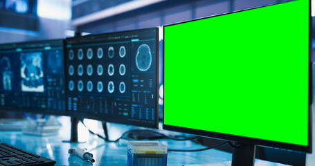 Cancer Research Center Medical Laboratory: Close Up of a Desktop Computer With Green Screen...