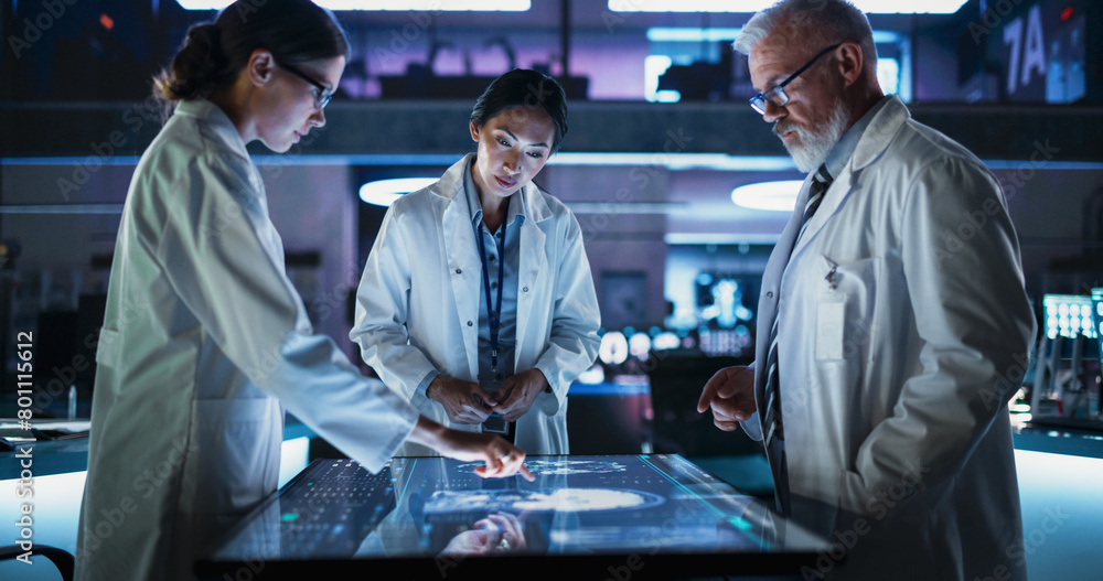 Poster modern hospital medical research center: diverse colleagues gathered around interactive touch screen
