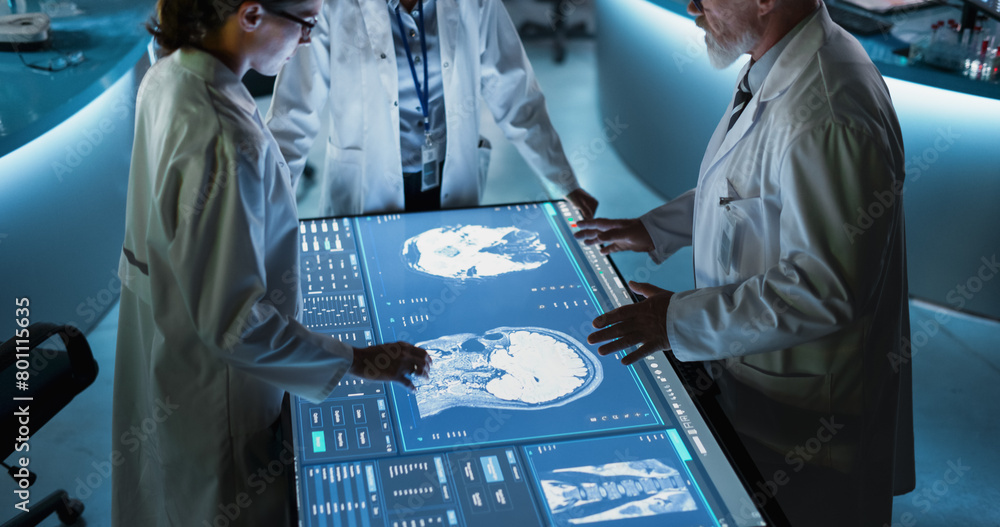 Aufkleber modern hospital medical research center: diverse colleagues gathered around interactive touch screen