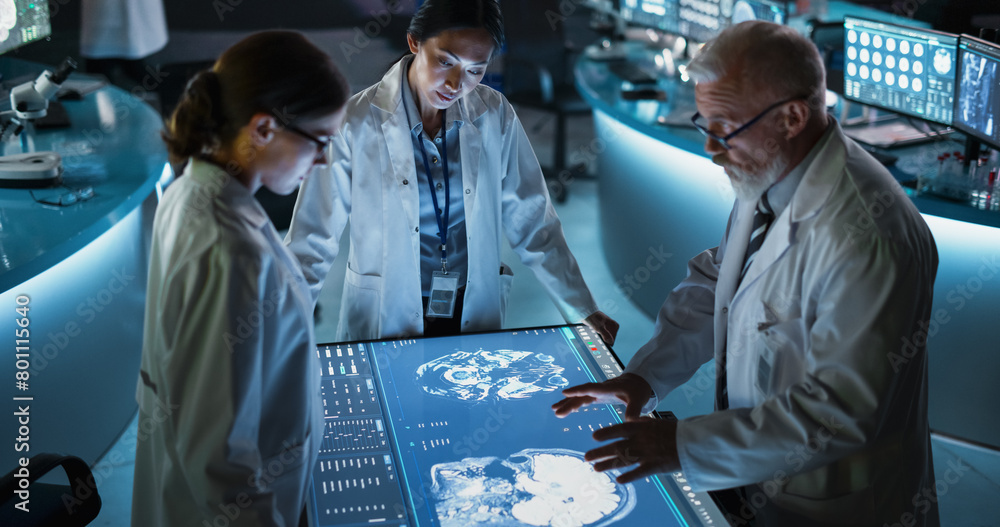 Poster modern hospital medical cancer research center: diverse scientists gathered around interactive touch