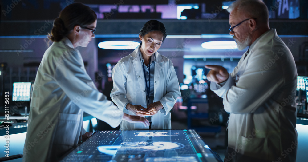 Poster modern hospital medical cancer research center: diverse scientists gathered around interactive touch