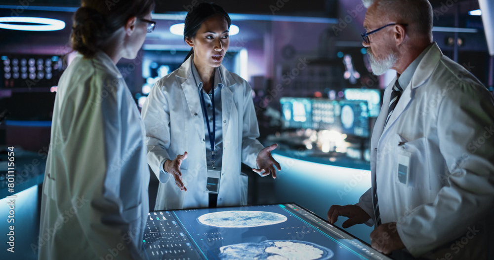 Poster modern hospital medical research center: diverse colleagues gathered around interactive touch screen