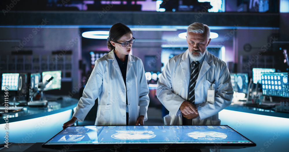 Poster modern hospital medical research center: caucasian female neuroscientist and male surgeon talking, u