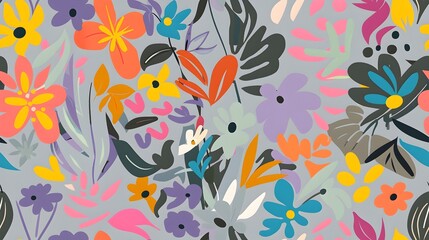 Vibrant Floral Botanical Pattern with Colorful Blooming Flowers and Leaves in Abstract Design