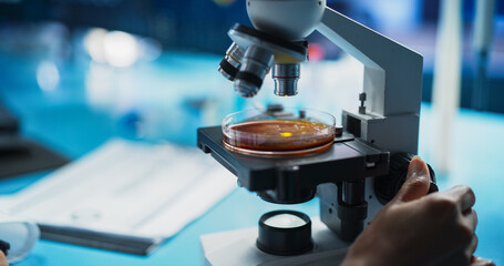 Medical Development Laboratory: CLose Up of a Scientist Using Microscope, Analyzes Petri Dish...